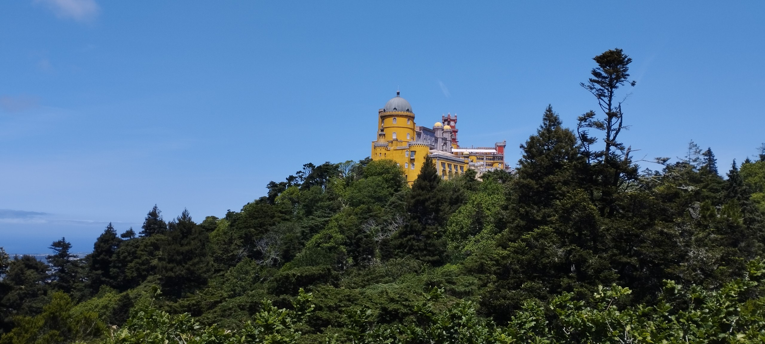 Pena Palace on the hill above the trees in Sintra, Portugal